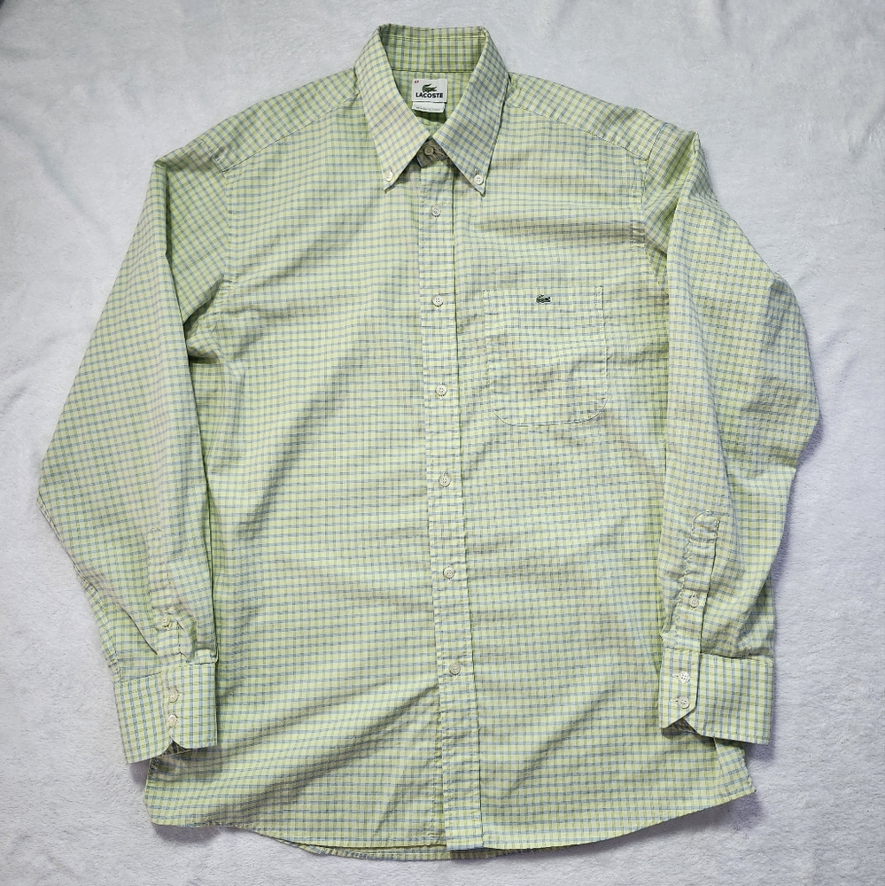 LACOSTE Men's Button Down Shirt Lightweight Cotton Blue Yellow Green 42 France